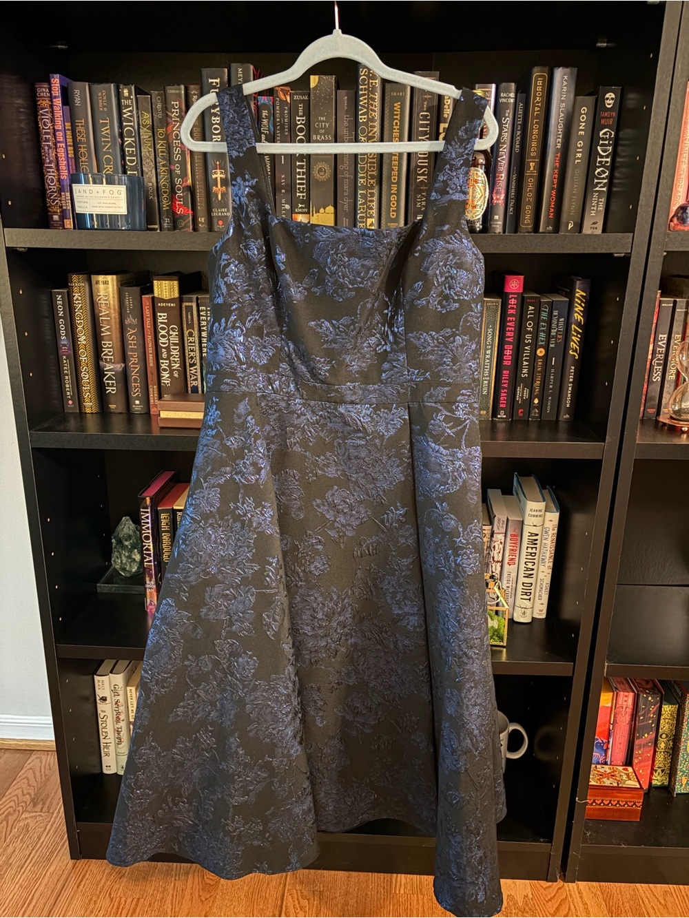 Xscape Black Midi Dress with Blue Floral Jacquard